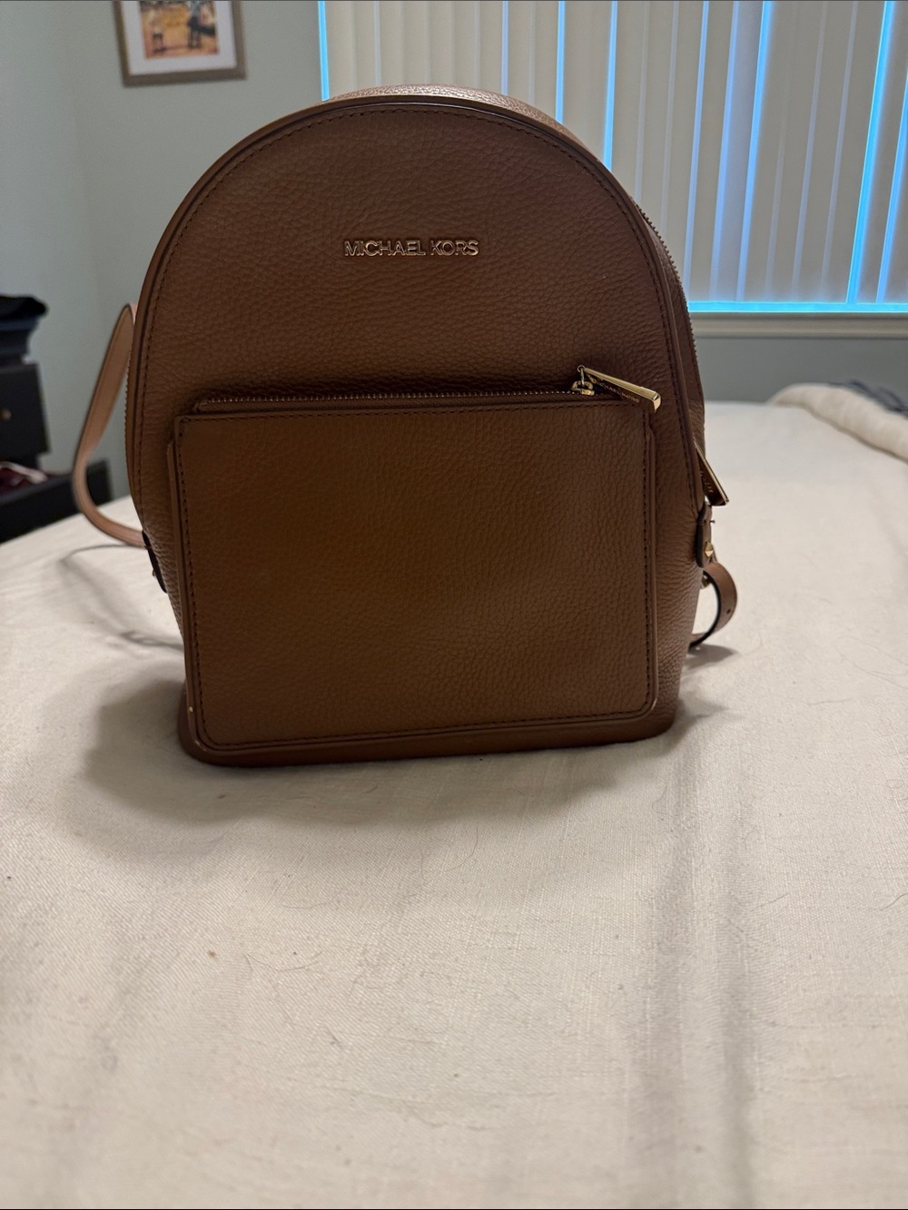 Michael Kors Brown Leather Compact Backpack with Front Zip Pocket